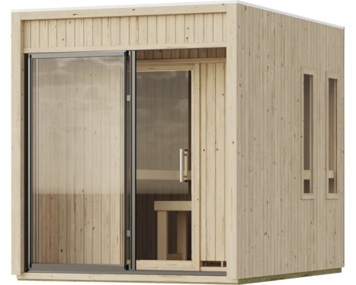 Moderne houten tuinsauna met kamerhoge glaselementen en twee smalle zijramen.