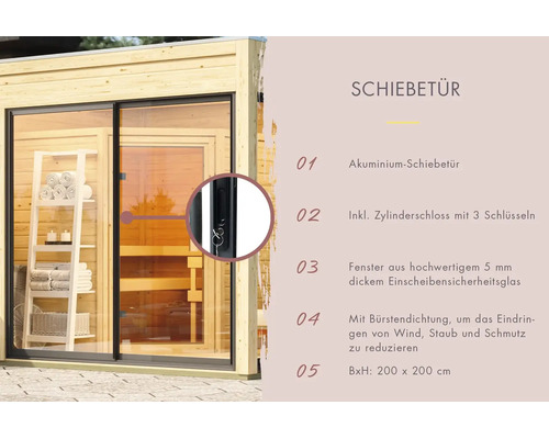 Aluminium schuifdeur voor tuinhuizen met enkelvoudig veiligheidsglas en cilinderslot, afmetingen 200 bij 200 centimeter, met borstelafdichting.