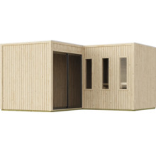 Modern houten tuinhuis met verticale bekleding, schuifdeur en drie smalle ramen voor buitengebruik.
