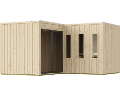 Modern houten tuinhuis met verticale bekleding, schuifdeur en drie smalle ramen voor buitengebruik.