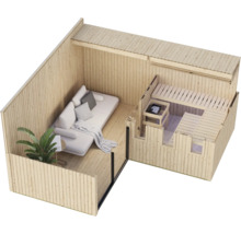 Bovenaanzicht van een houten tuinsauna met geïntegreerde loungeruimte, bank, bijzettafel en kamerplant.