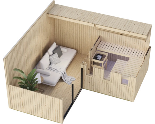 Bovenaanzicht van een houten tuinsauna met geïntegreerde loungeruimte, bank, bijzettafel en kamerplant.