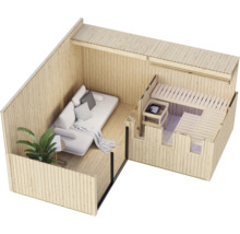 Houten tuinsauna met geïntegreerde loungeruimte inclusief bank en plant in een bovenaanzicht.