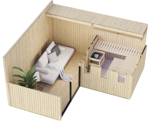 Houten tuinsauna met geïntegreerde loungeruimte inclusief bank en plant in een bovenaanzicht.