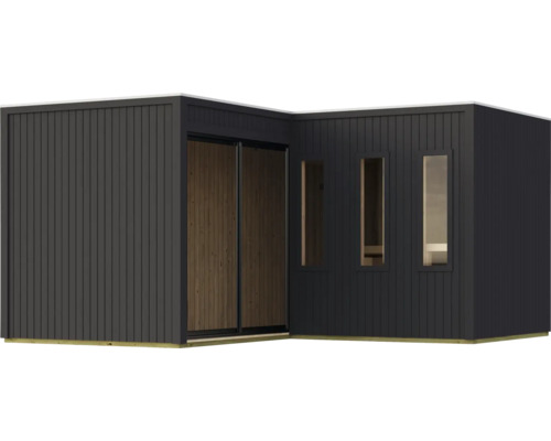 Modern tuinhuis met plat dak en verticale wandbekleding, inclusief schuifdeur en vensterpartijen.