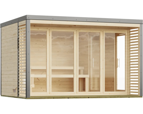 Moderne houten tuinsauna met grote glazen elementen en plat dak voor buitengebruik.