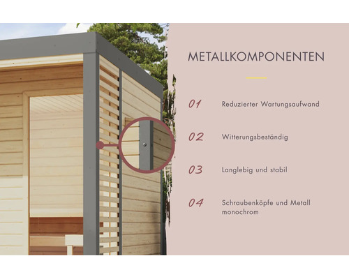 Detailweergave van de metalen componenten van een tuinhuis met informatie over onderhoud, weerbestendigheid en stabiliteit.