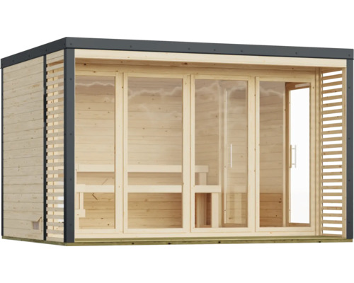 Moderne houten tuinsauna met grote glazen pui en plat dak voor buitengebruik