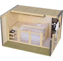 Moderne houten tuinsauna met glazen pui, binnenbanken, saunakachel en geintegreerde rekken voor een ontspannende wellnessoase in eigen tuin.