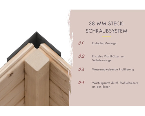 Detailweergave van een 38 millimeter insteekschroefsysteem voor tuinhuizen met houten profielen en metalen hoekverbindingen voor eenvoudige montage.