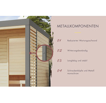Detailweergave van de metalen componenten van een tuinhuis met informatie over onderhoud, weerbestendigheid en stabiliteit.