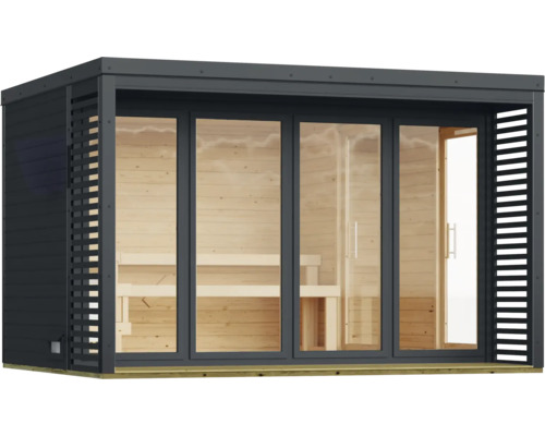 Moderne tuinsauna met glazen pui en houten lamellen voor buitengebruik.