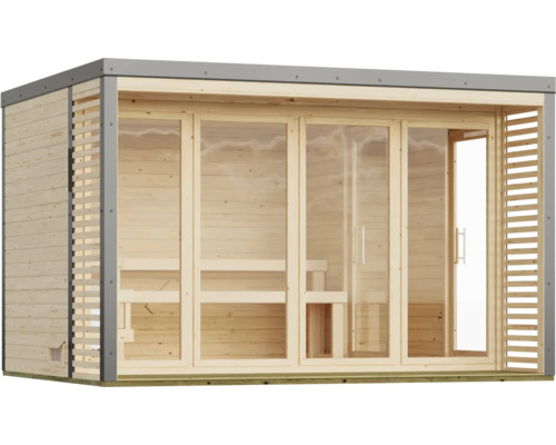 Moderne houten tuinsauna met kamerhoge glazen elementen, plat dak en lamellen zijpanelen.
