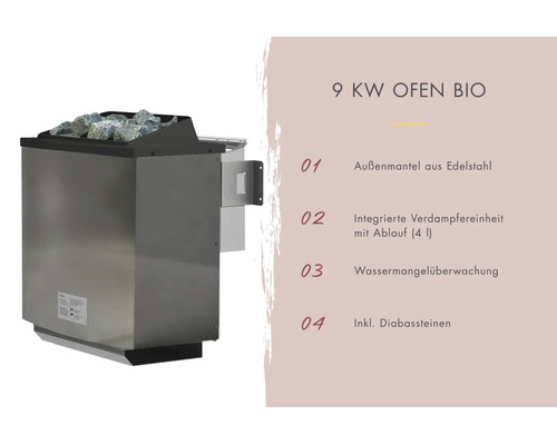 Bio saunaoven met 9 kilowatt vermogen, roestvrijstalen buitenmantel, geïntegreerde verdamperunit, watertekortbewaking en diabaasstenen.