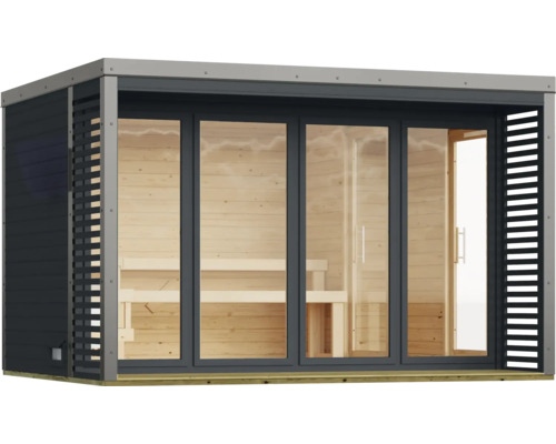 Moderne tuinsauna met glazen pui en houten interieur.
