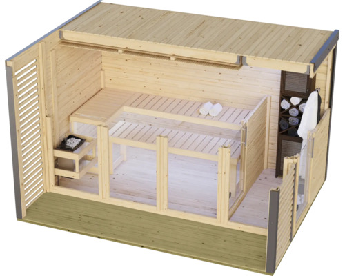 Moderne houten tuinsauna met glazen pui, binnenbanken, saunakachel en geïntegreerd schapgedeelte, isometrisch aanzicht.