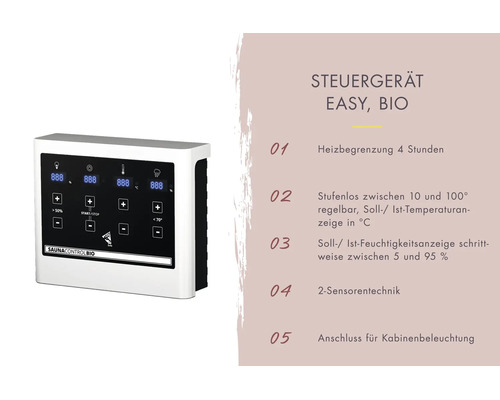 Saunabesturing Easy Bio met digitaal display voor het regelen van temperatuur en vochtigheid en aansluiting voor cabineverlichting.