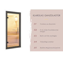 Glazen saunadeur van helder glas met massief houten frame, 8 millimeter veiligheidsglas, verstelbare scharnieren en magneetsluiting.