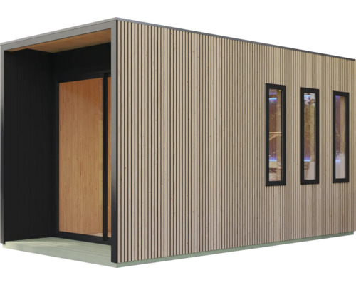 Modern tuinhuis met verticale houten gevelbekleding, drie smalle ramen en een toegangsdeur.