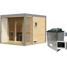 Houten buitensauna met lamellenbekleding en glazen voorgevel, inclusief bijbehorende saunakachel met stenen en besturingseenheid.