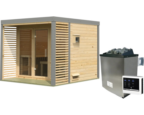 Houten buitensauna met lamellenbekleding en glazen voorgevel, inclusief bijbehorende saunakachel met stenen en besturingseenheid.