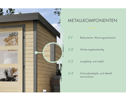 Detailweergave van de metalen componenten van een houten tuinhuis met kenmerken zoals onderhoudsarm, weerbestendig en stabiele constructie.