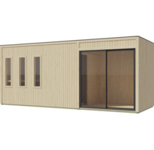 Modern houten tuinhuis met drie smalle ramen en een grote glazen schuifdeur voor buitengebruik.