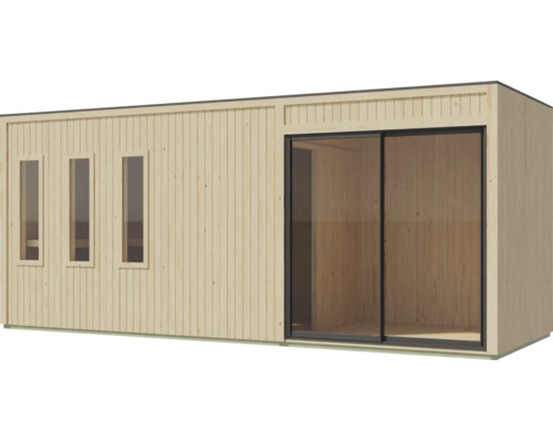 Modern houten tuinhuis met drie smalle ramen en een grote glazen schuifdeur voor buitengebruik.