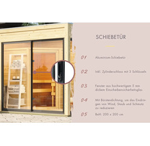 Aluminium schuifdeur voor tuinhuizen met enkelvoudig veiligheidsglas en cilinderslot, afmetingen 200 bij 200 centimeter, met borstelafdichting.