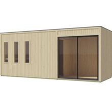 Moderne houten tuinlounge met schuifdeur en drie smalle ramen voor buiten