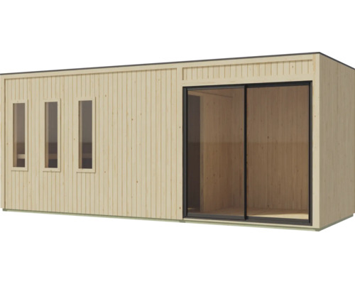 Moderne houten tuinlounge met schuifdeur en drie smalle ramen voor buiten