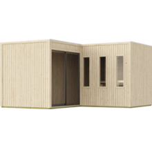 Modern tuinhuis van hout met plat dak, schuifdeur en drie verticale ramen in een hoekopstelling.