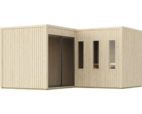 Modern tuinhuis van hout met plat dak, schuifdeur en drie verticale ramen in een hoekopstelling.