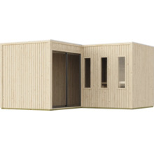 Modern houten tuinhuis in L-vorm met plat dak, schuifdeur en drie verticale ramen voor lichtinval.