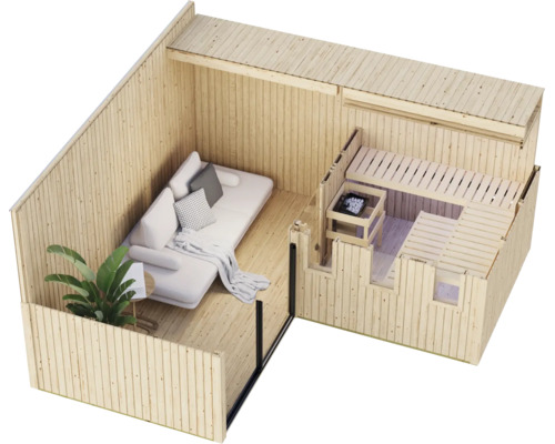 Houten saunahuis met geïntegreerde woonruimte, uitgerust met een bank en een sauna met kachel en houten banken, bovenaanzicht.