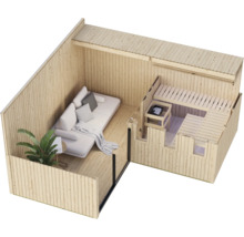 Moderne houten tuinsauna met geïntegreerde loungeruimte inclusief bank en glazen pui in bovenaanzicht.
