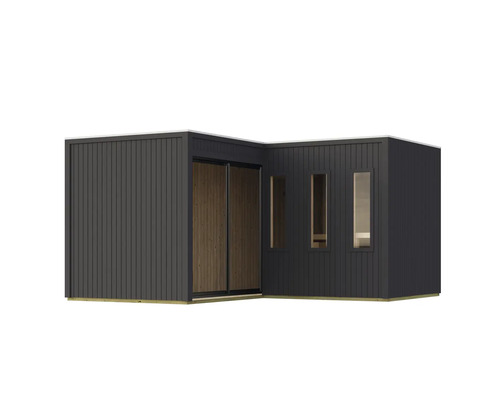 Moderne L-vormige tuinhuissauna met plat dak, verticale houten gevel, schuifdeur en drie hoge ramen.