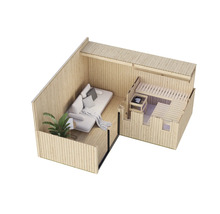 Tuinhuis met geïntegreerde sauna en overdekte loungeruimte met bank en plant in bovenaanzicht.