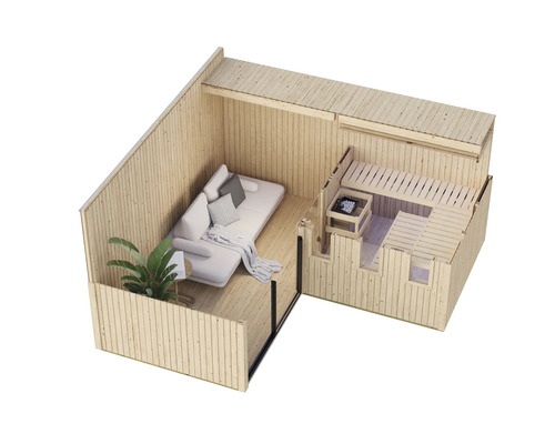 Tuinhuis met geïntegreerde sauna en overdekte loungeruimte met bank en plant in bovenaanzicht.