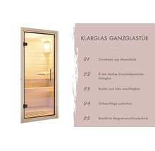 Saunadeur van helder glas met massief houten kozijn, 8 millimeter veiligheidsglas, rechts of links draaiend met magneetsluiting.