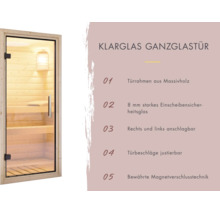 Sauna glazen deur met massief houten frame en acht millimeter gehard veiligheidsglas inclusief magneetsluiting en verstelbaar deurbeslag.
