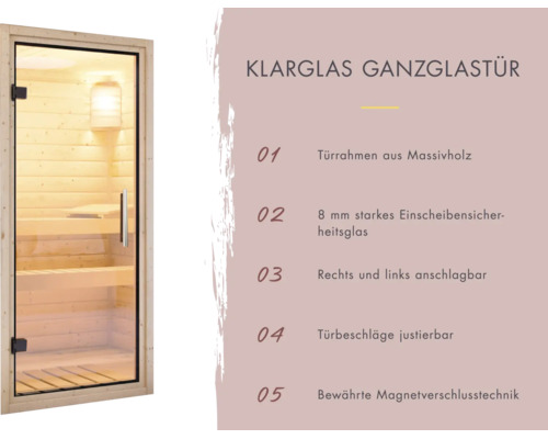 Sauna glazen deur met massief houten frame en acht millimeter gehard veiligheidsglas inclusief magneetsluiting en verstelbaar deurbeslag.