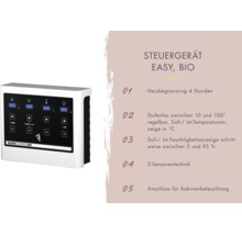 Saunabedieningspaneel Easy Bio met digitaal display voor temperatuur en luchtvochtigheid en aansluiting voor saunaverlichting.