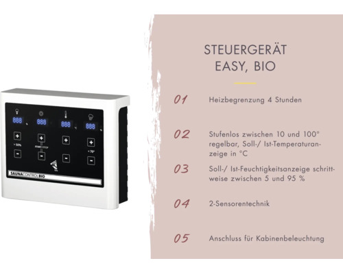Saunabedieningspaneel Easy Bio met digitaal display voor temperatuur en luchtvochtigheid en aansluiting voor saunaverlichting.