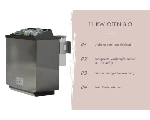 Bio saunakachel met 11 kilowatt vermogen, roestvrijstalen buitenkant, verdamper, watertekortbewaking en diabas stenen.