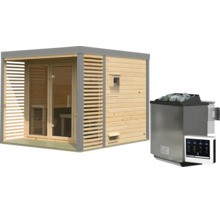 Moderne houten tuinsauna met glazen pui en saunakachel met digitale besturing