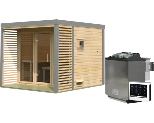 Moderne houten tuinsauna met glazen pui en saunakachel met digitale besturing