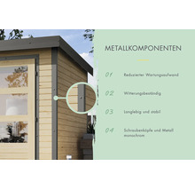 Detailweergave van de metalen componenten van een houten tuinhuis met kenmerken zoals onderhoudsarm, weerbestendig en stabiele constructie.