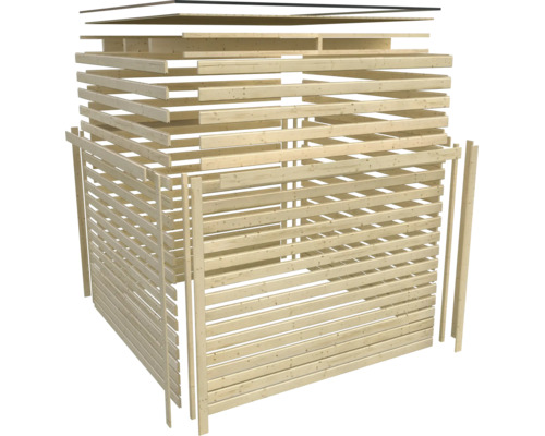 Explosietekening van een bouwpakket voor een houten tuinhuis met wandelementen en dakplaten voor zelfmontage
