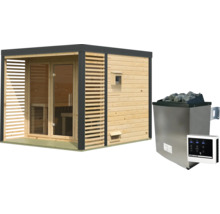 Moderne houten tuinsauna met lattenwand, glazen deur en bijpassende saunakachel met saunastenen en digitaal bedieningspaneel.